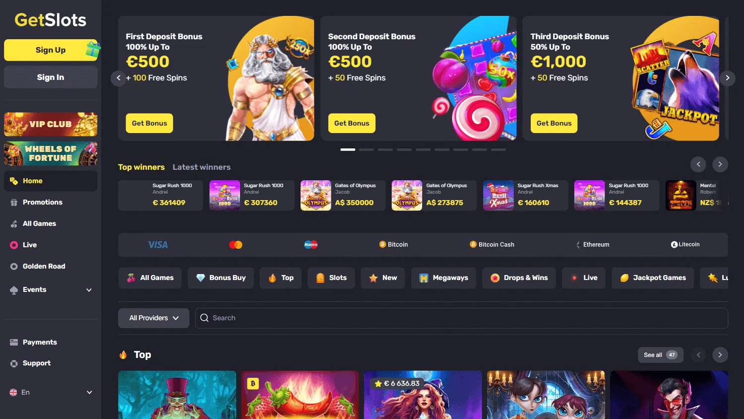 Getslots Casino desktop casino with categories and games