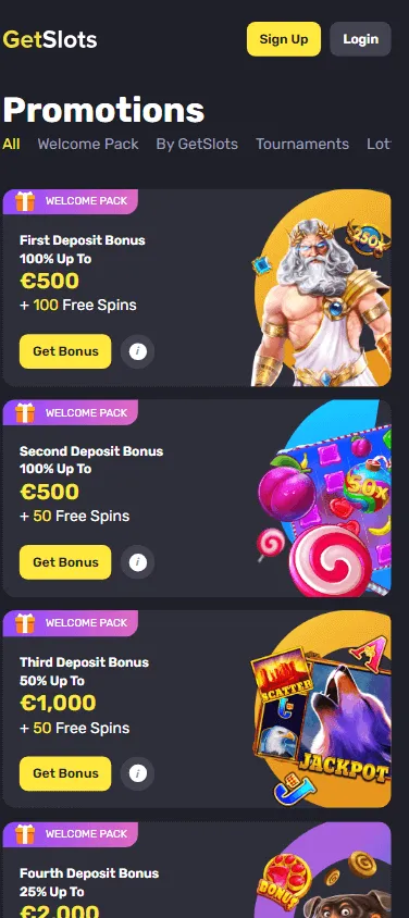 Getslots Casino mobile promotions area with bonus offers
