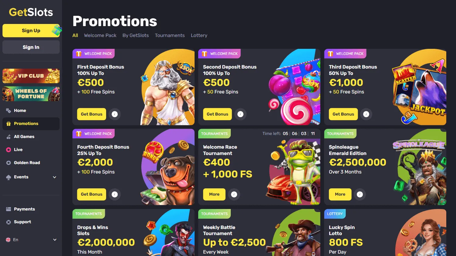 Getslots Casino desktop promotions area with deposit offers
