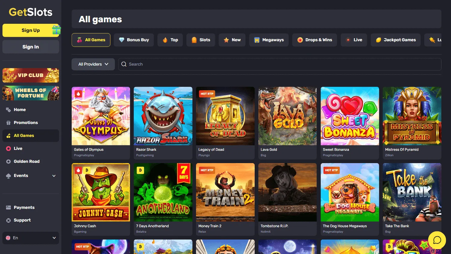 Getslots Casino desktop games catalogue with casino titles
