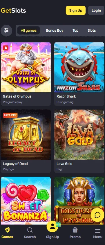 Getslots Casino mobile games catalogue on a smartphone